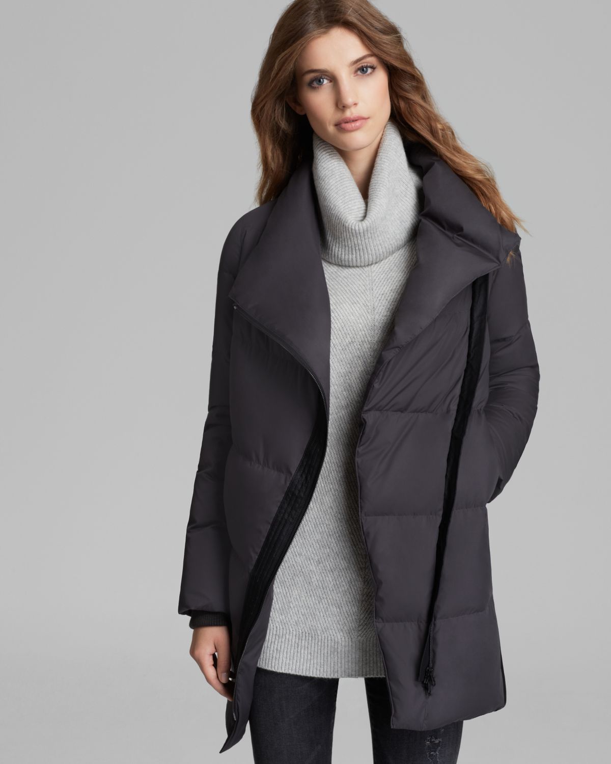 Vince Coat Leather Trimmed Asymmetric Puffer In Gray Lyst Gallery