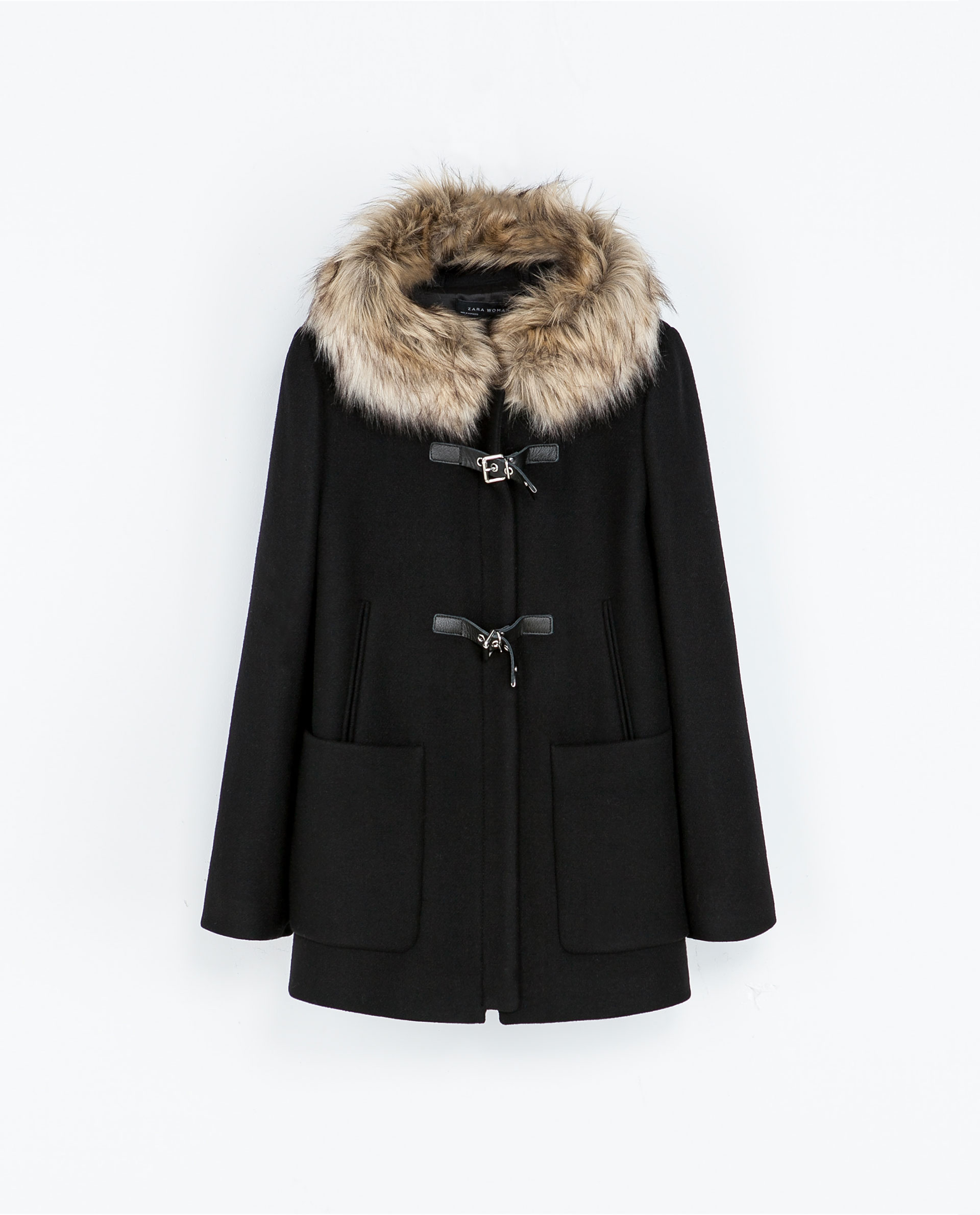 Zara Duffle Coat with Fur Hood in Black | Lyst