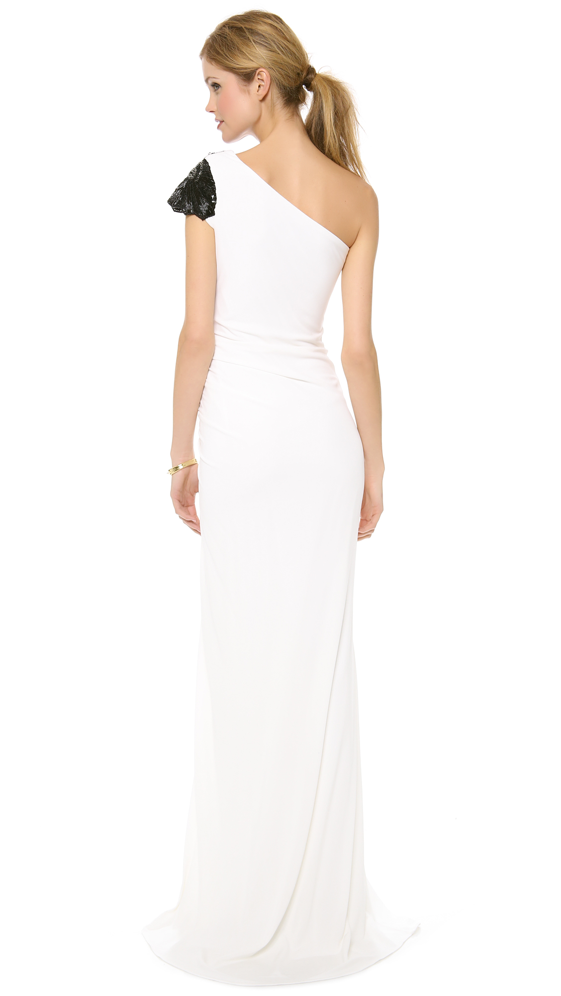 beaded one shoulder gown