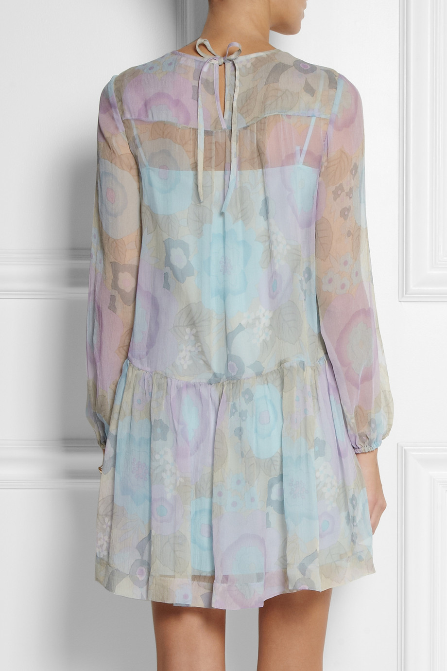 Lyst Red Valentino Floral Print Silk Chiffon Mini Dress In Blue