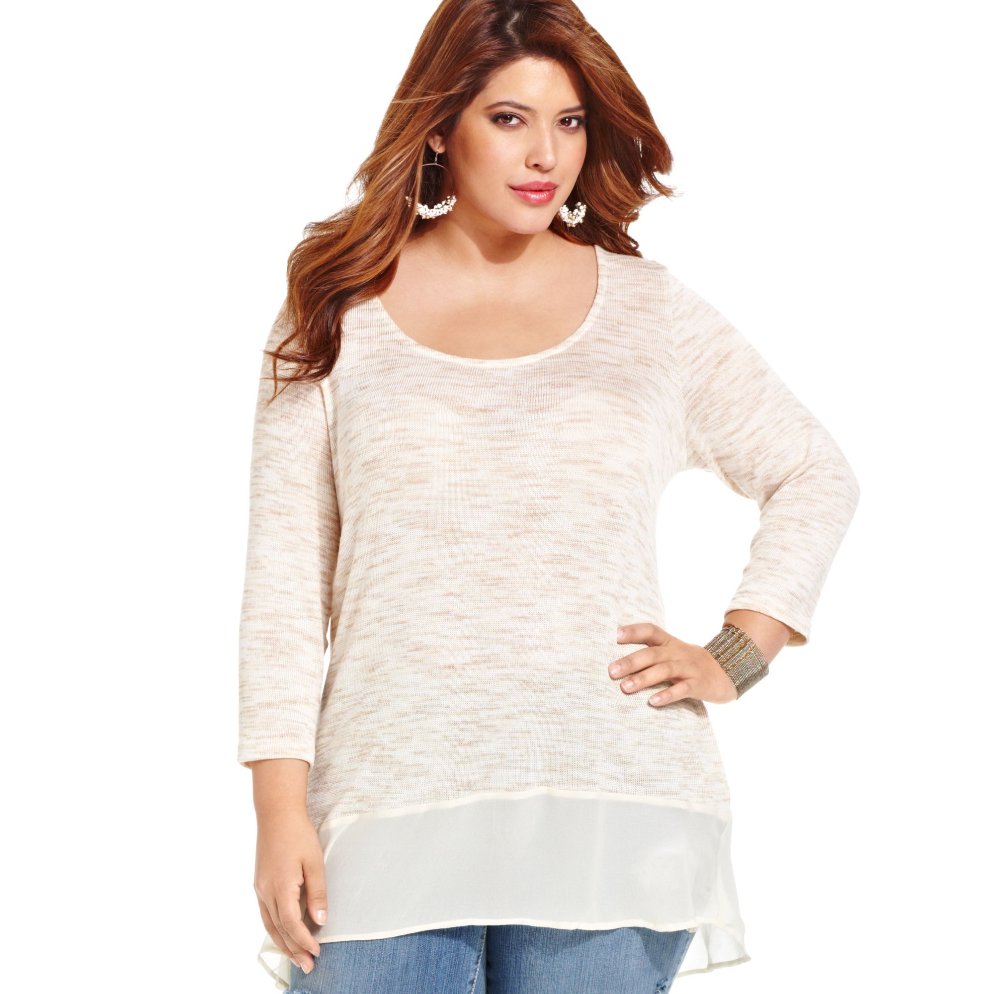 Jessica Simpson Plus Size Long Sleeve High Low Top in Beige (Natural ...