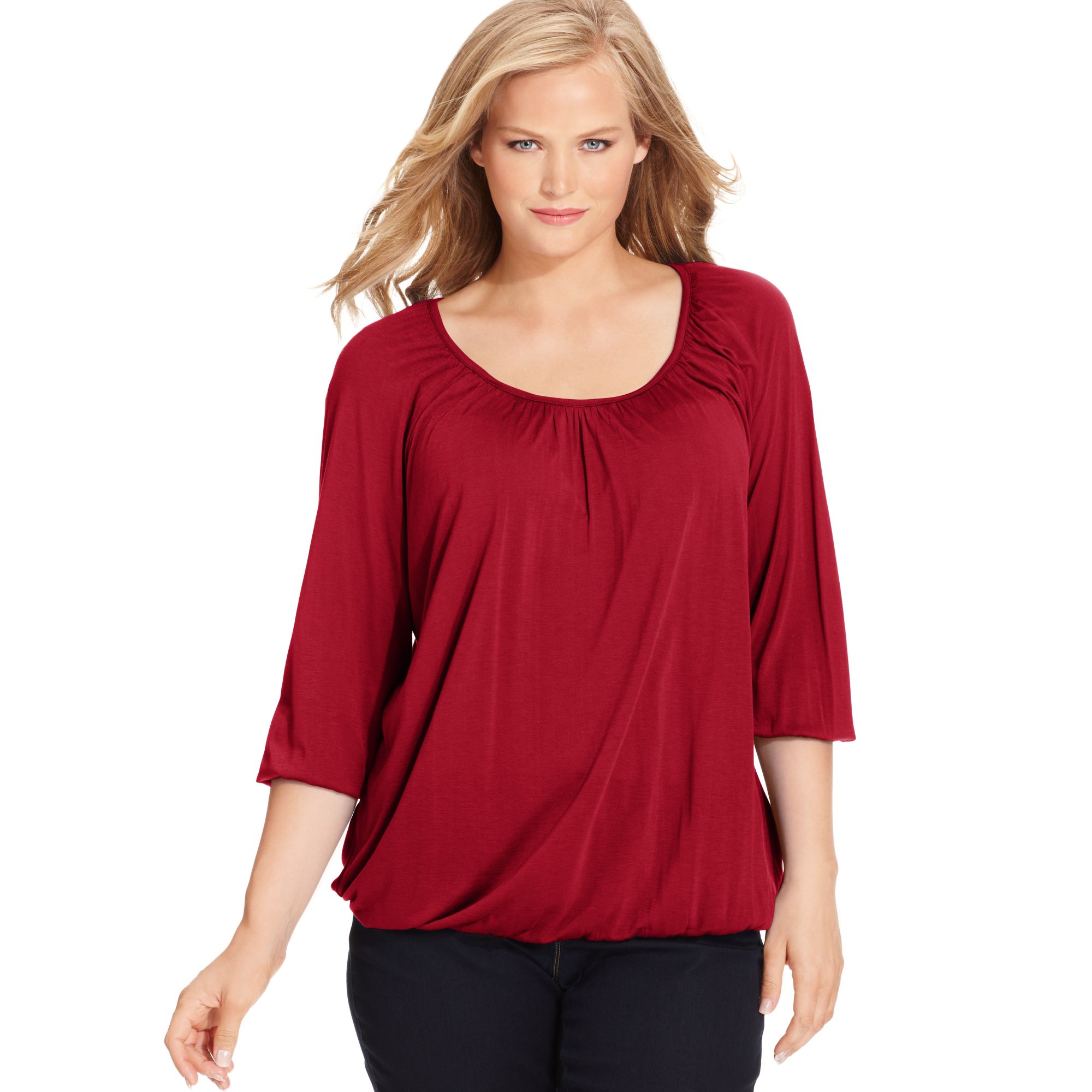 Michael Kors l Plus Size Three Quarter Sleeve Peasant Top in Red (Red ...