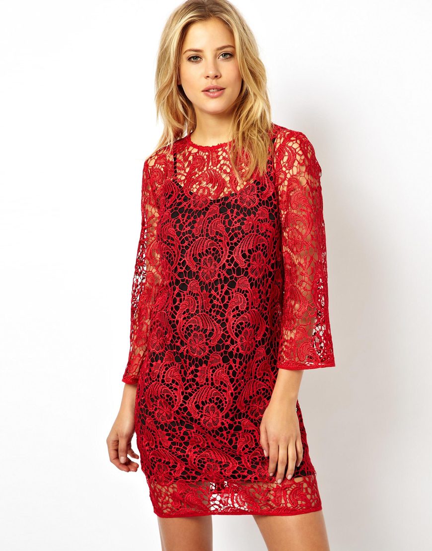 Lyst - Asos Trumpet Sleeve Lace Shift Dress in Red