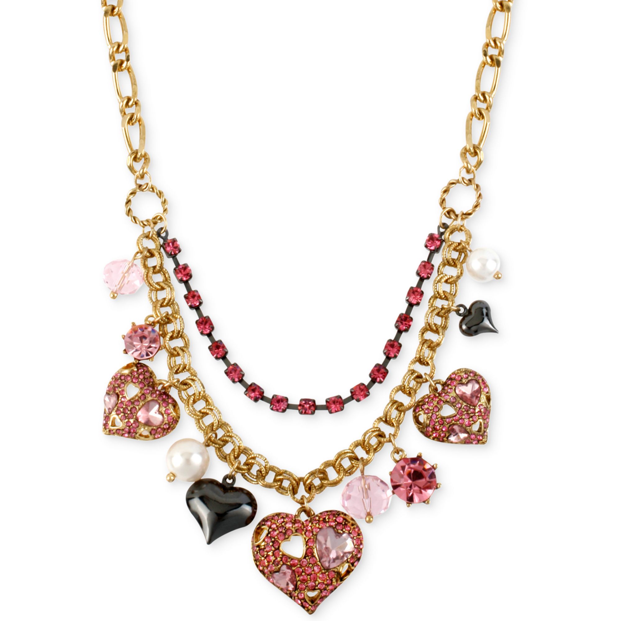 Betsey Johnson Goldtone Pink Crystal Heart Multicharm Frontal Necklace In Pink No Color Lyst