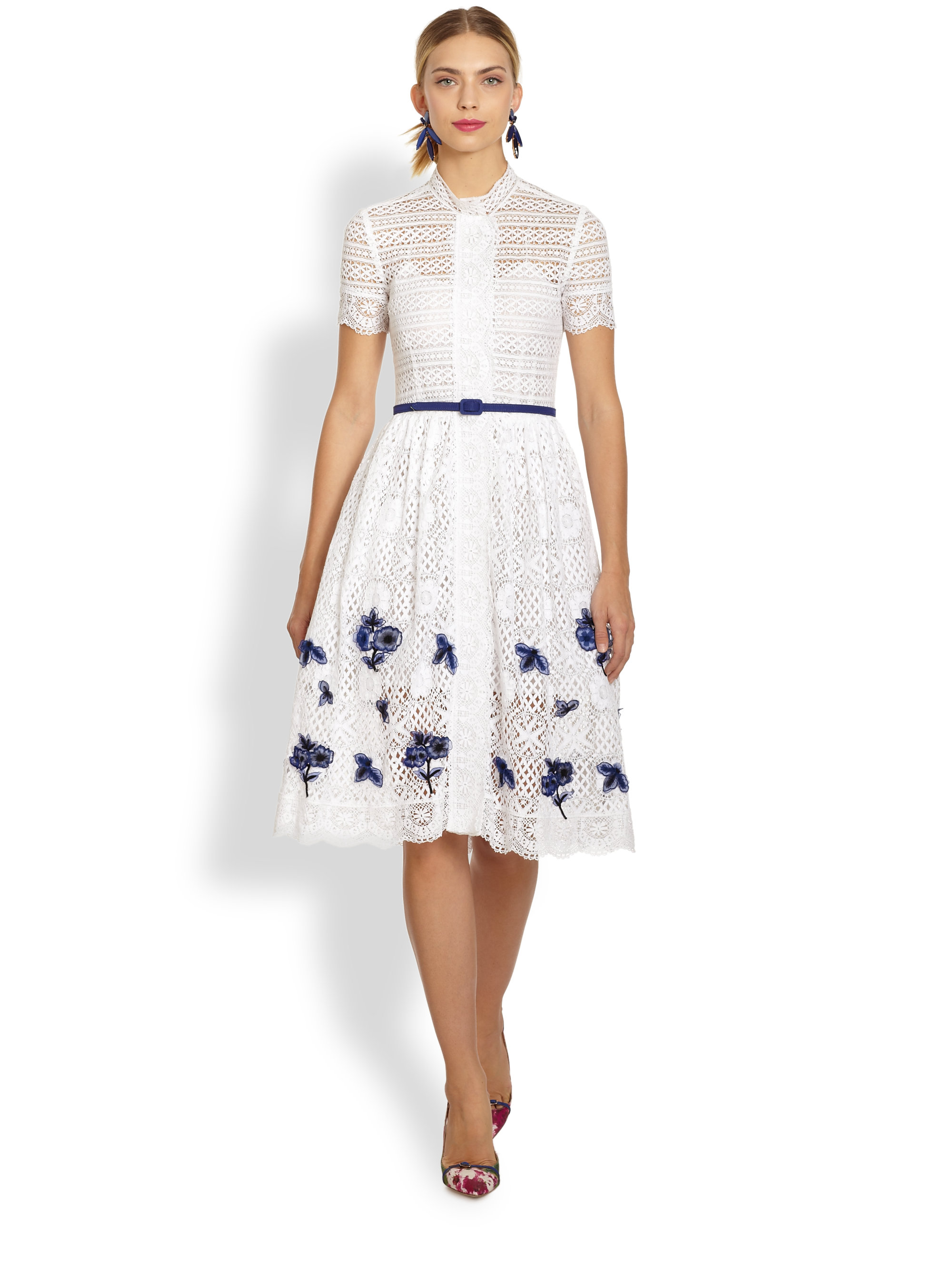 Lyst Oscar De La A Lace Fl Embroidery Dress In Natural Gallery
