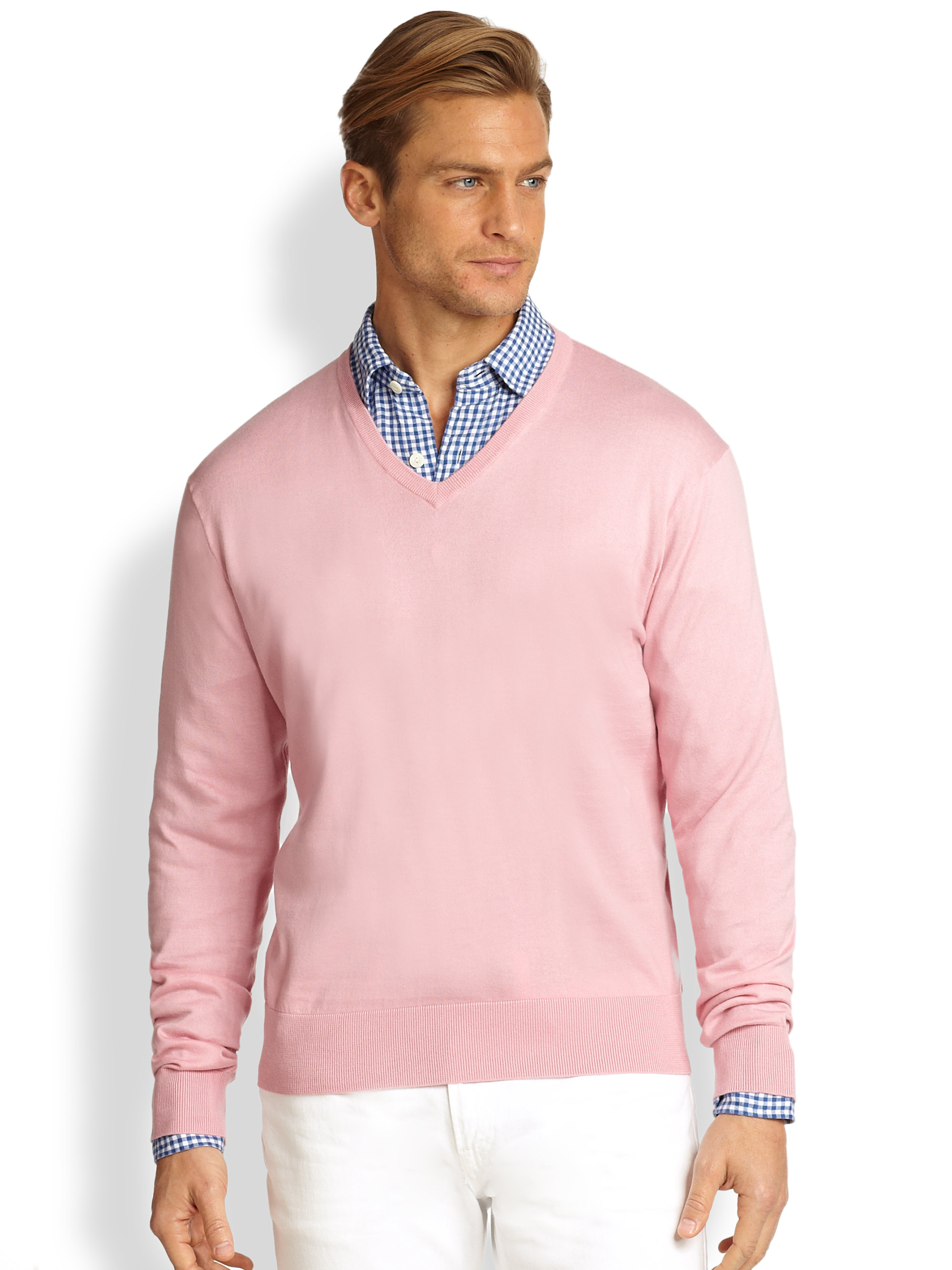 Polo ralph lauren Cotton V-neck Sweater in Pink for Men | Lyst