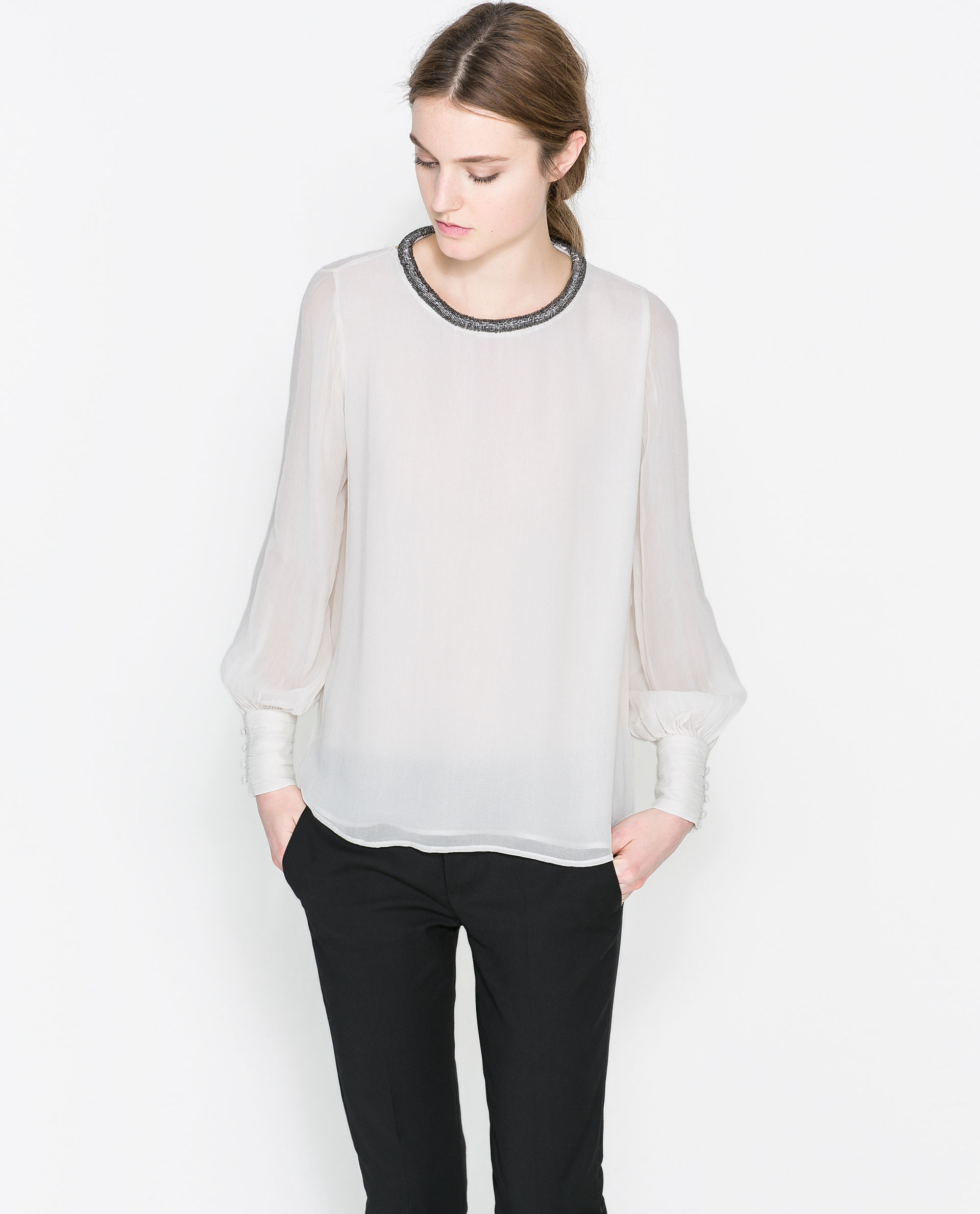  Zara  White Blouse  with An Applique On The Collar Lyst