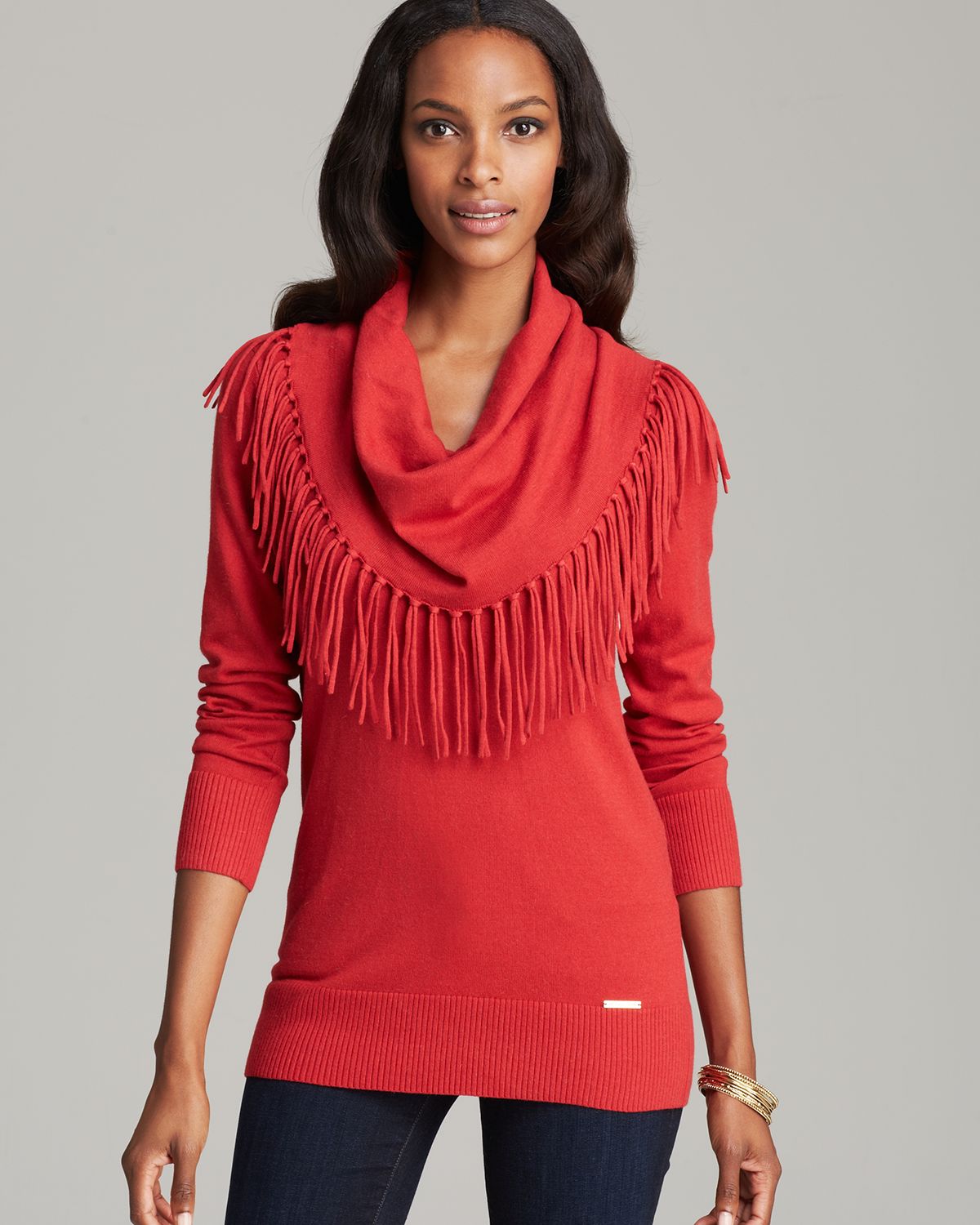 Michael michael kors Fringe Cowl Neck Sweater in Red | Lyst