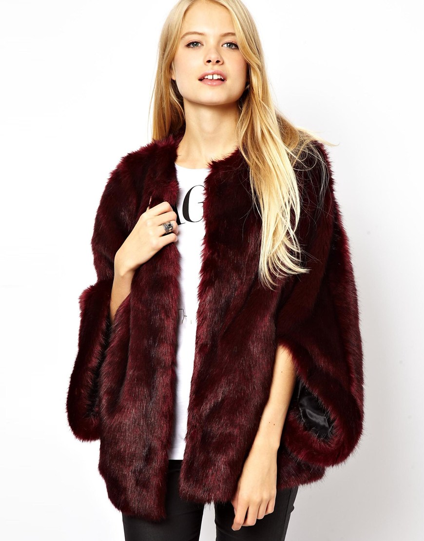 Lyst - Asos Faux Fur Batwing Coat in Red