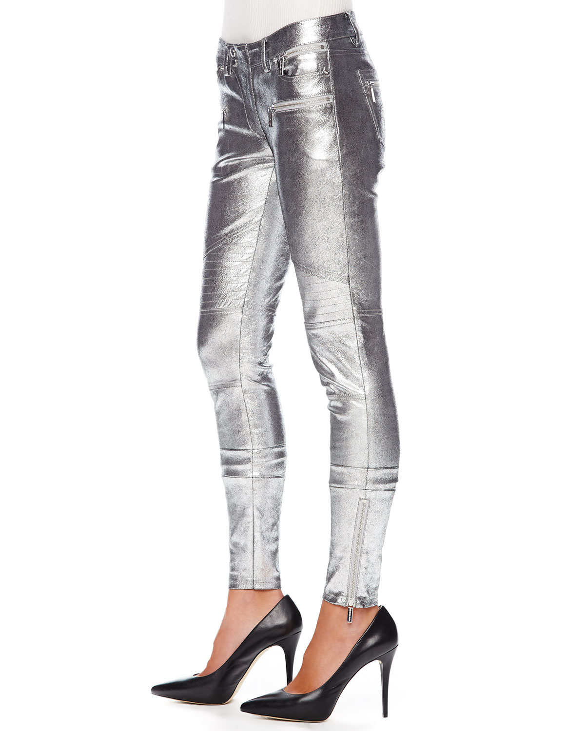Michael Michael Kors Metallic Leather Moto Pants in Silver | Lyst