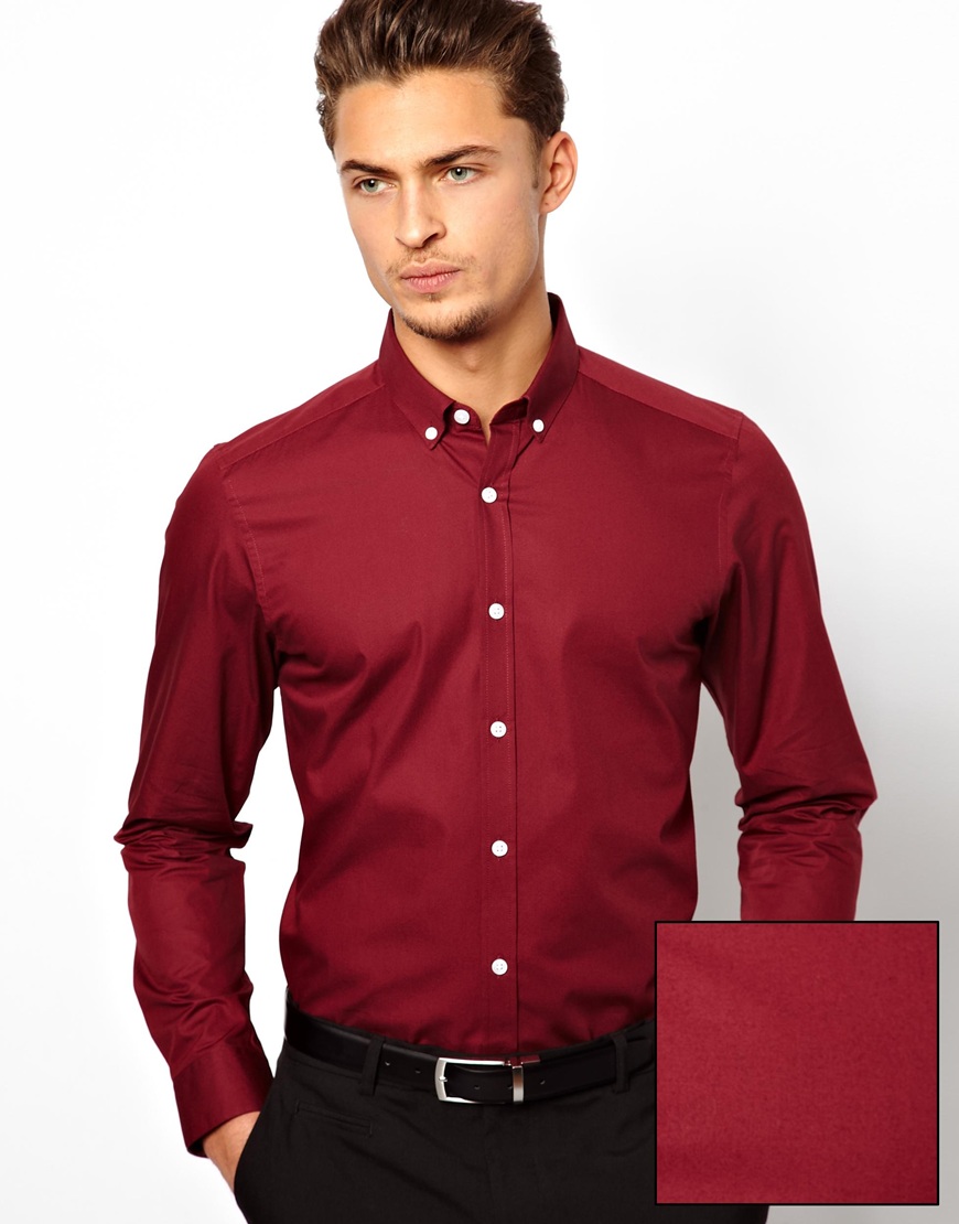 red long sleeve button down shirt