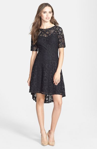 Betsey Johnson Lace Highlow Fit Flare Dress in Black | Lyst