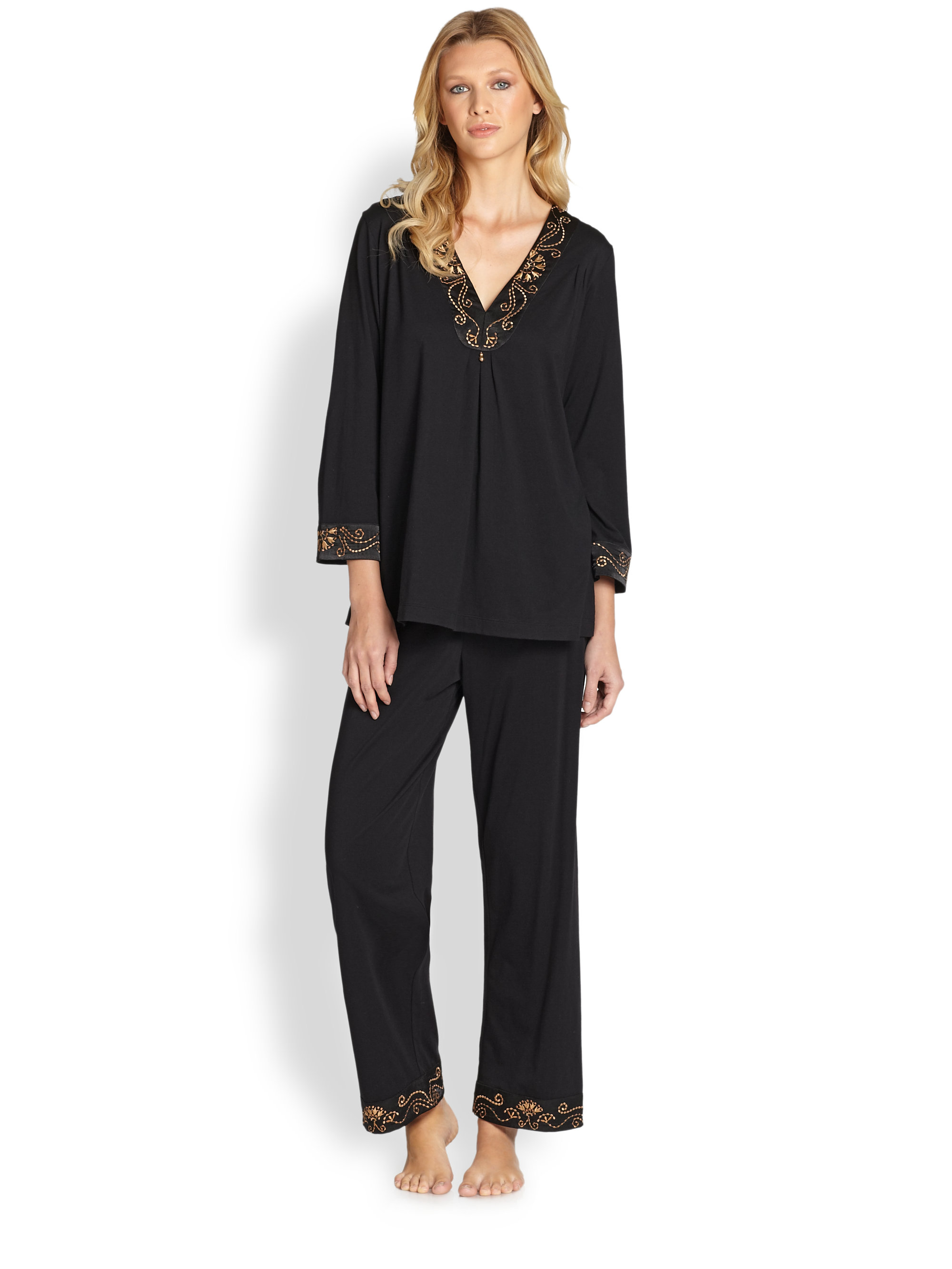 Oscar de la renta Embroidered Cotton Knit Pajamas in Black Lyst