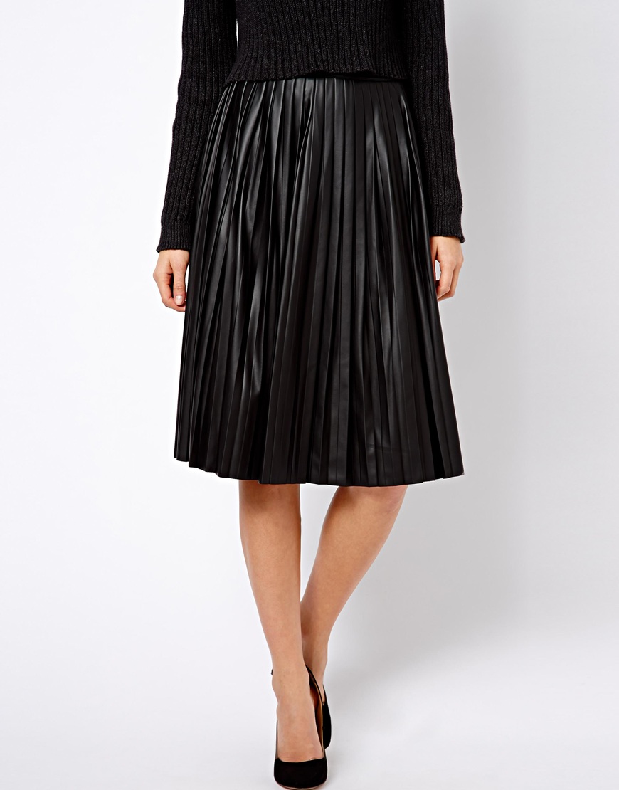 Asos Warehouse Leather Look Pleated Midi Skirt in Black | Lyst