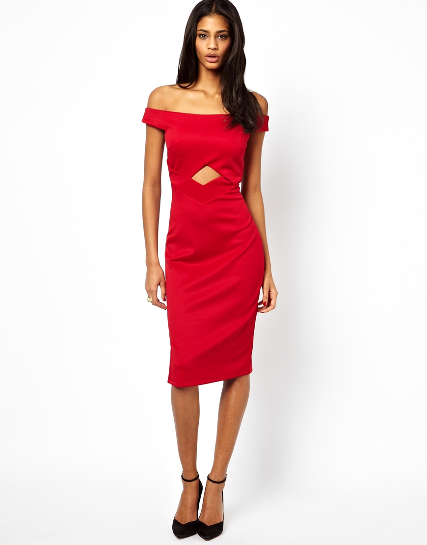 Asos Bardot Bodycon Dress With Cut Outs in Red | Lyst