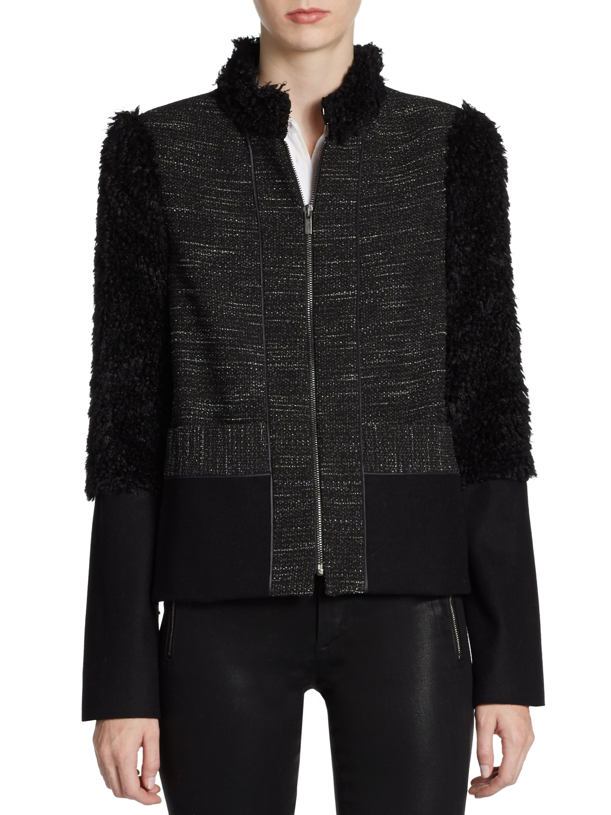 Lyst - Bcbgmaxazria Tweed Faux Fur Jacket in Black