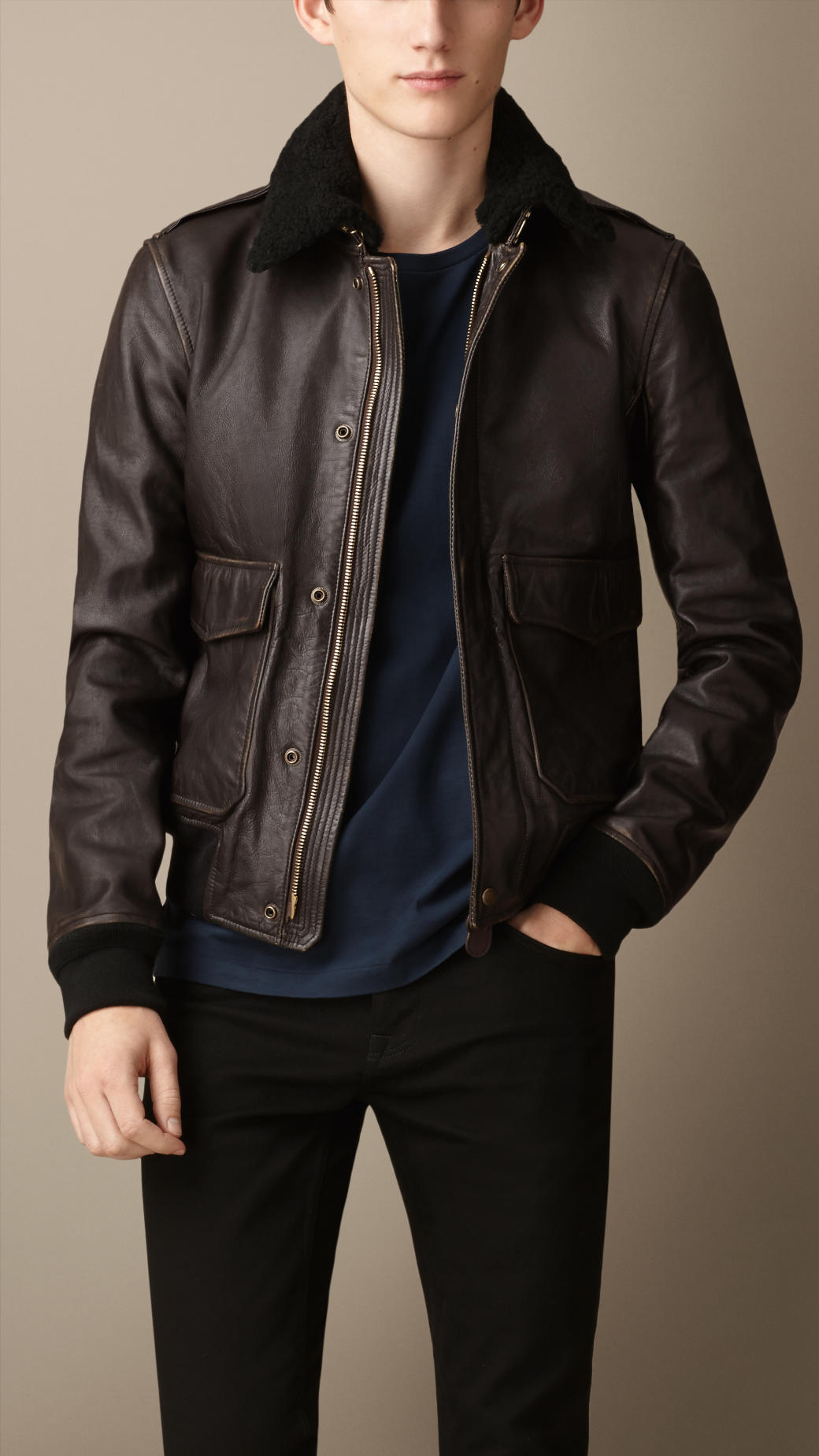 Lyst - Burberry Leather Aviator Jacket with Shearling Collar in Brown ...