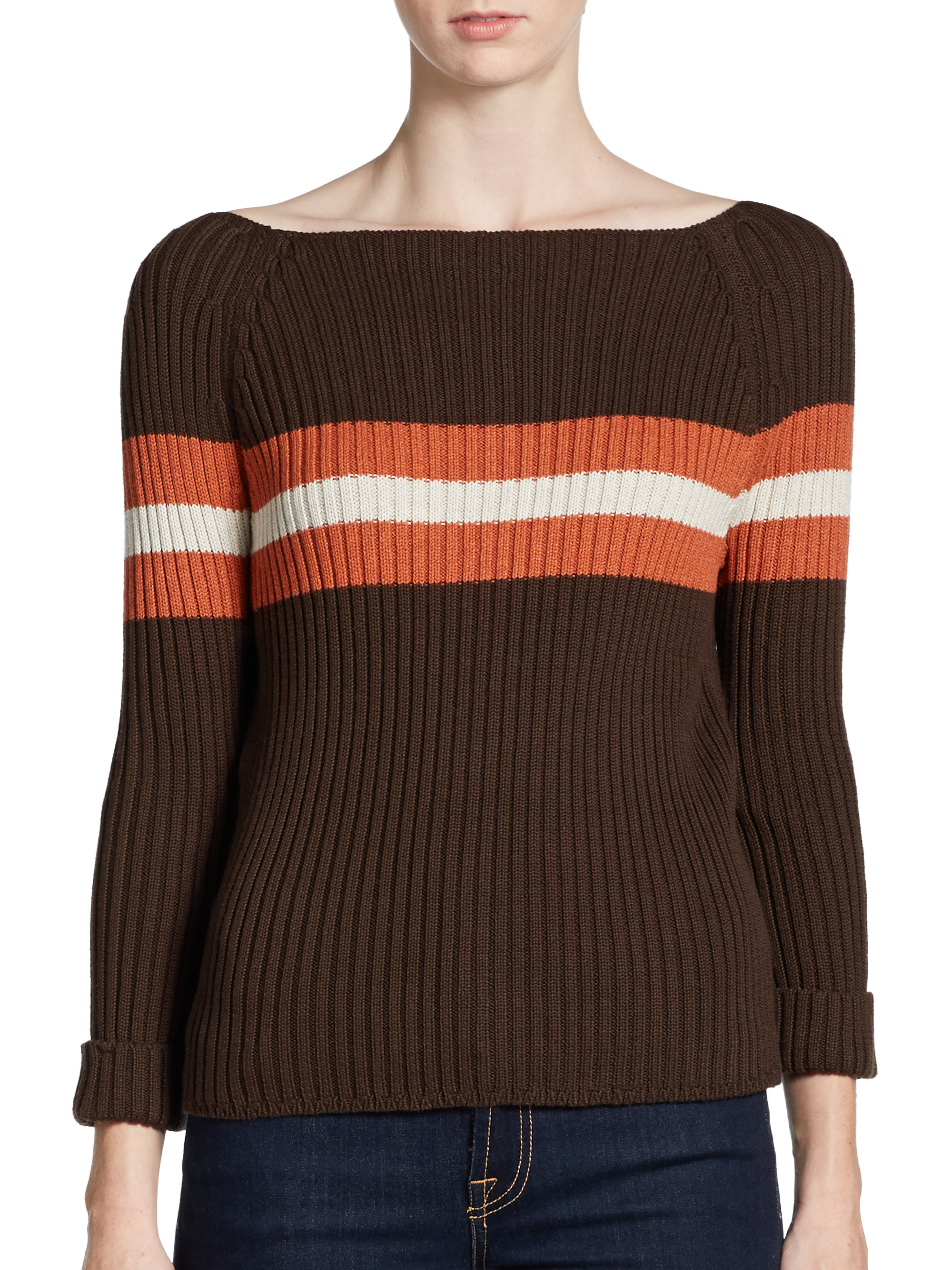 Lyst Cotton By Autumn Cashmere Striped Boat Neck Sweater In Orange