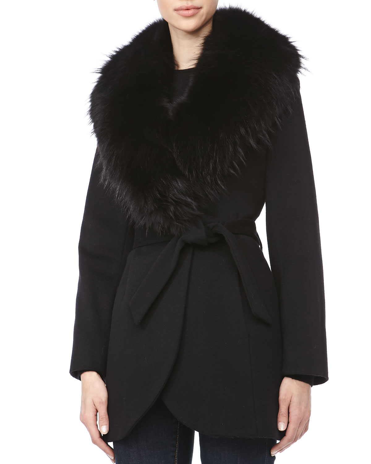 Sofia Cashmere Wrap Jacket with Fur Shawl Collar in Black | Lyst