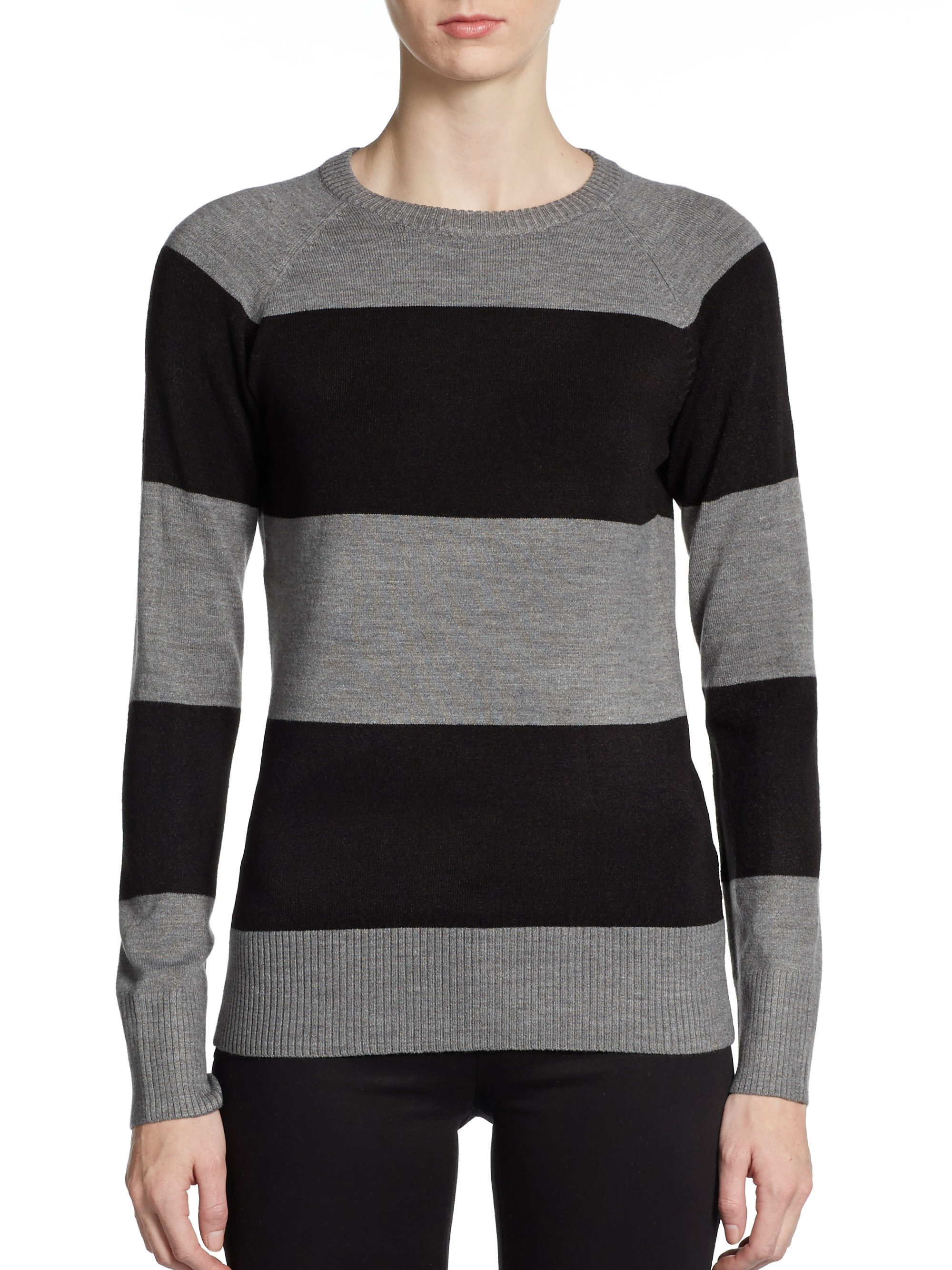 French Connection Wide Stripe Crew Neck Sweater in Black (GREY BLACK ...