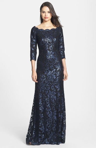 Tadashi Shoji Embellished Lace Gown in Blue (Navy/ Black) | Lyst