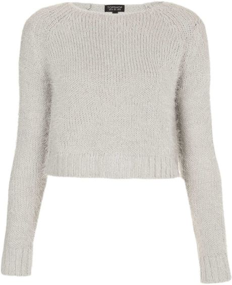 Topshop Knitted Fluffy Crop Jumper in Gray (Pale Grey) | Lyst