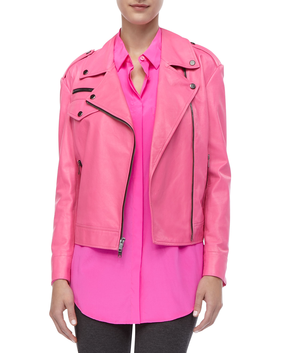 Lyst Dkny Zip Front Moto Leather Jacket In Pink Gallery