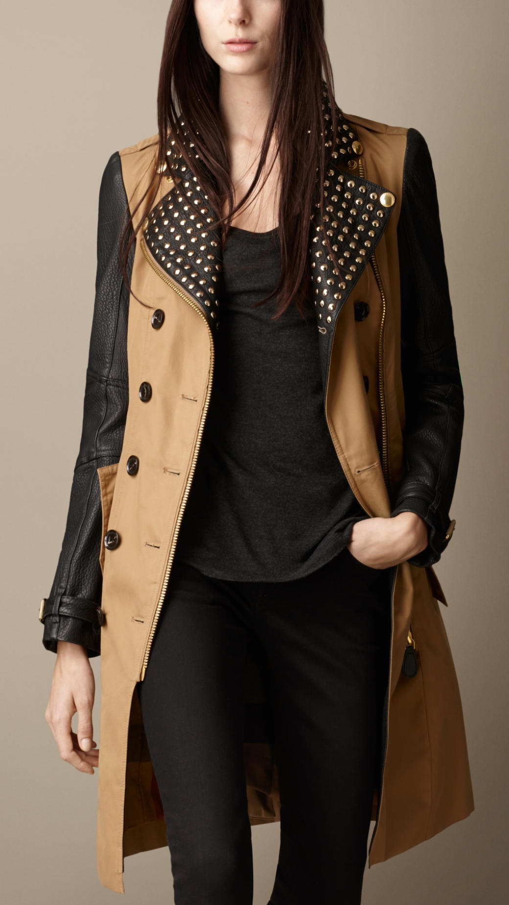 Lyst - Burberry Studded Leather Biker Trench Coat in Brown