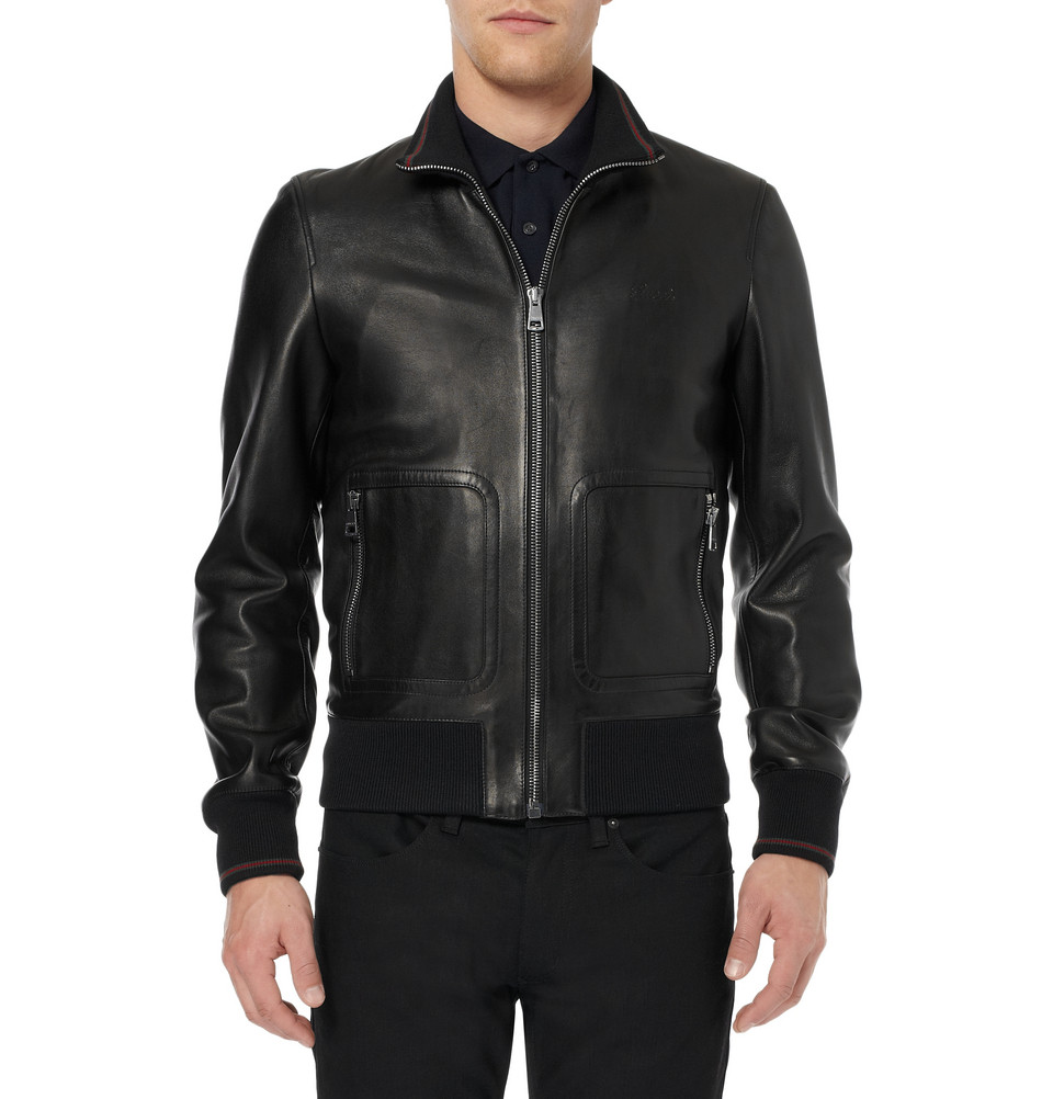 Gucci Nappa Leather And Web Trimmed Bomber Jacket in Black for Men | Lyst