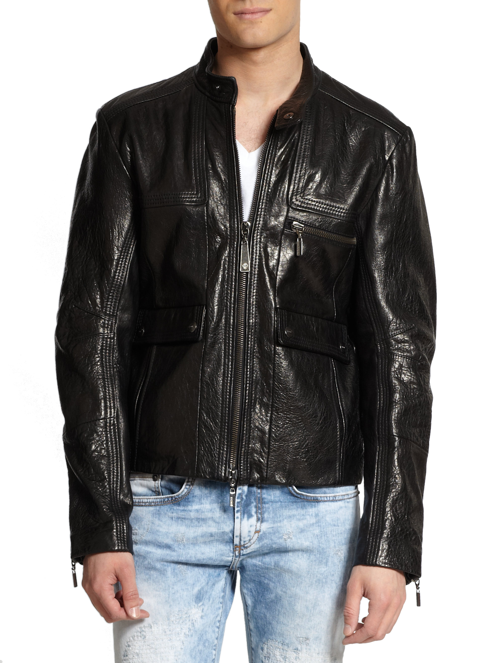 Lyst - Just cavalli Pebbled Leather Zipfront Jacket in Black for Men