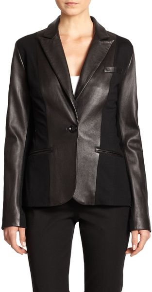 Saks Fifth Avenue Black Leather Ponte Knit Blazer in Black | Lyst