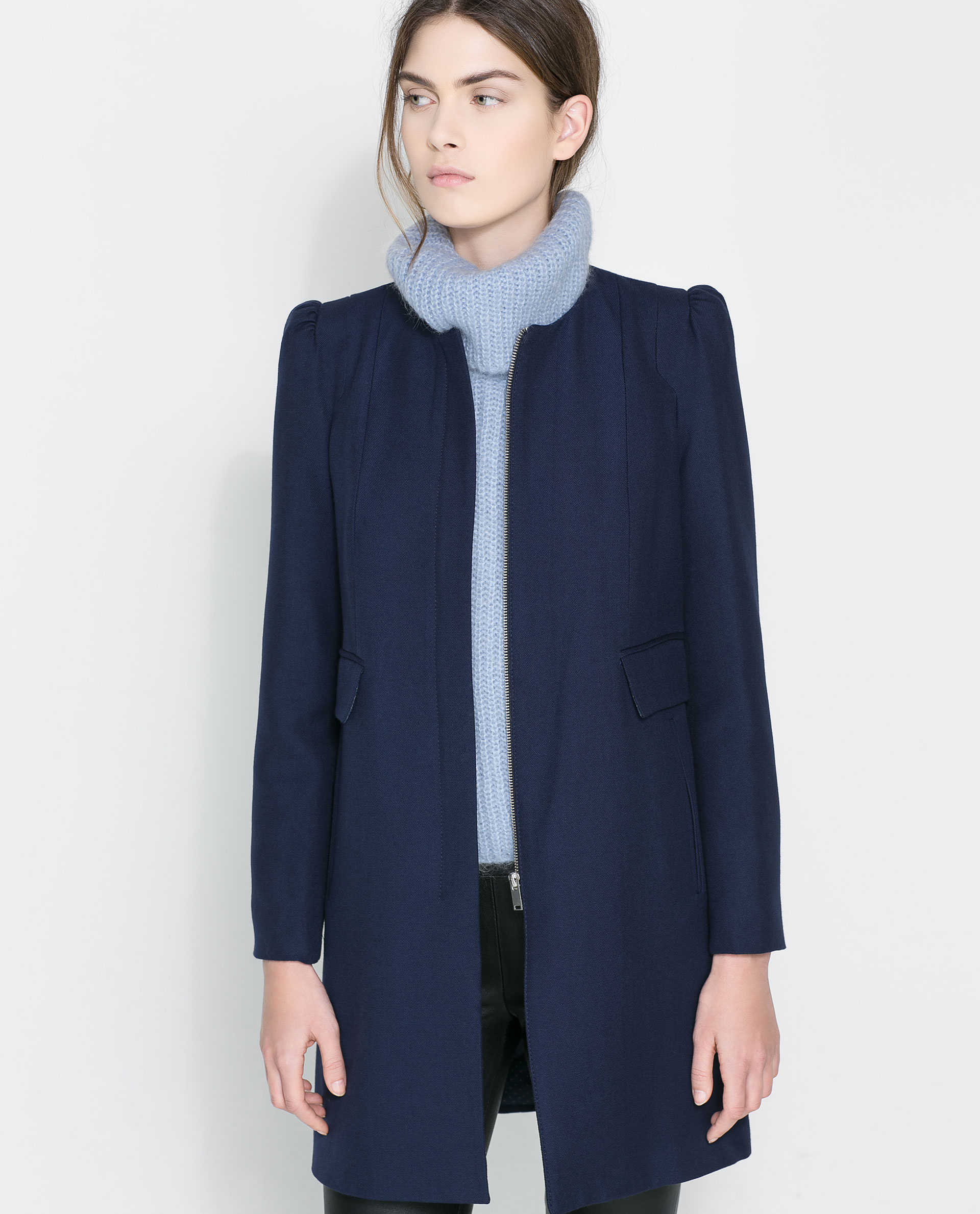 Zara Crew Neck Coat in Blue Lyst