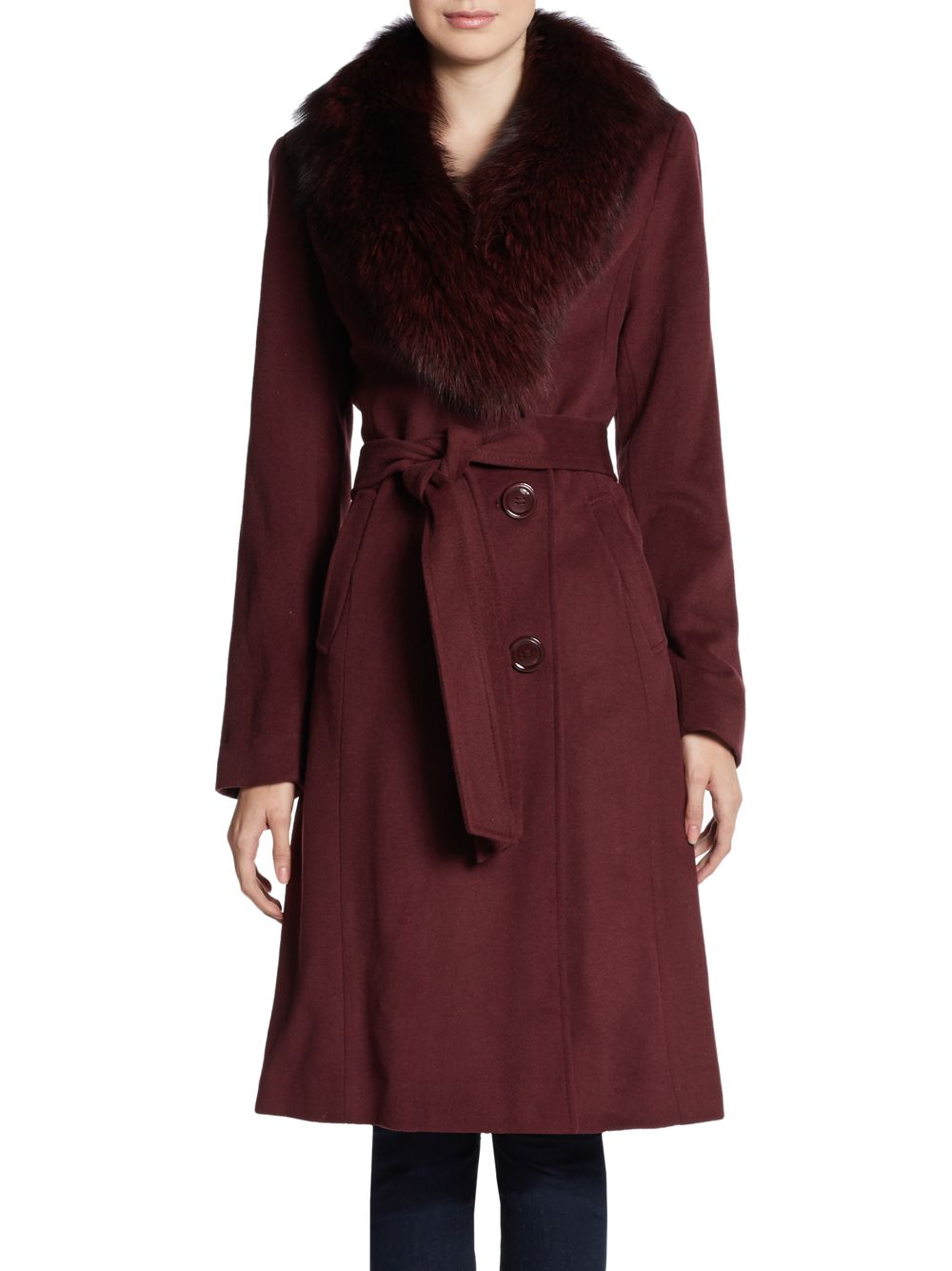 Ellen Tracy Fur Collar Wool Blend Coat in Red (bordeaux) | Lyst