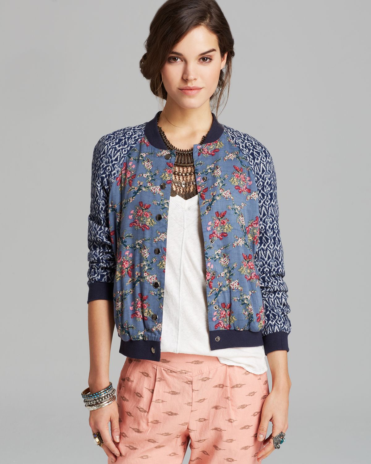 Lyst Free People Jacket Floral Printed Baseball in Blue