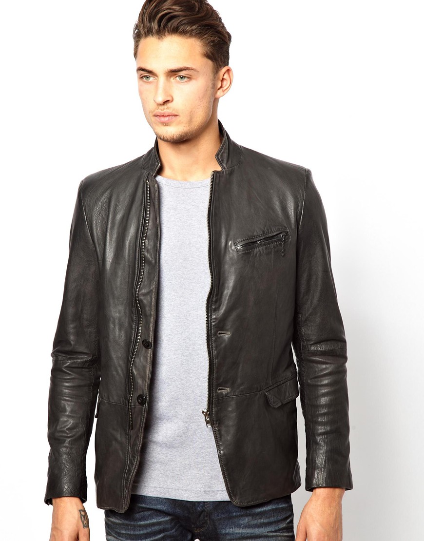 Sel Leather Blazer Lmomor Zip Front In Black For Men Lyst Gallery