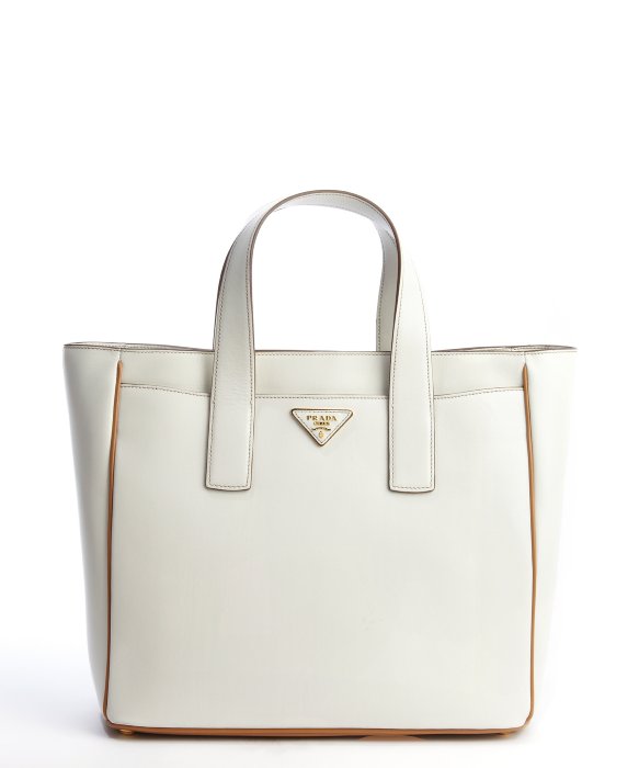 Prada Talc and Caramel Leather Small Square Tote Bag in White ...