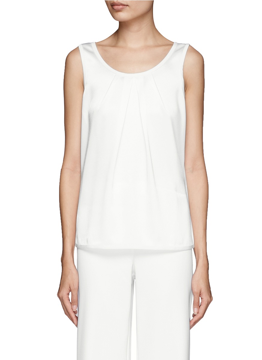 St. john Pleated Satin Sleeveless Top in White | Lyst