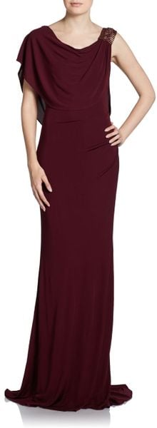 Badgley Mischka Draped Evening Gown in Red (merlot) | Lyst