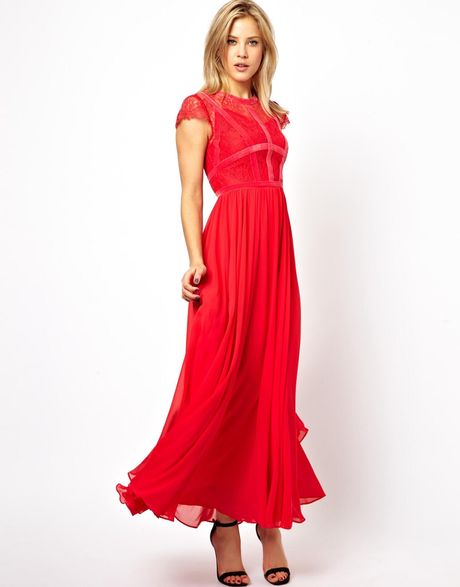 Asos Exclusive Maxi Dress with Lace Top and Velvet Contrast in Red | Lyst
