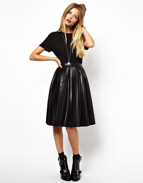 Asos Skater Dress with Leather Look Pleated Skirt in Black | Lyst