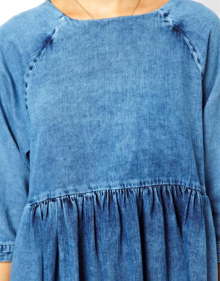 Lyst Asos Denim Smock Dress In Mid Wash In Blue