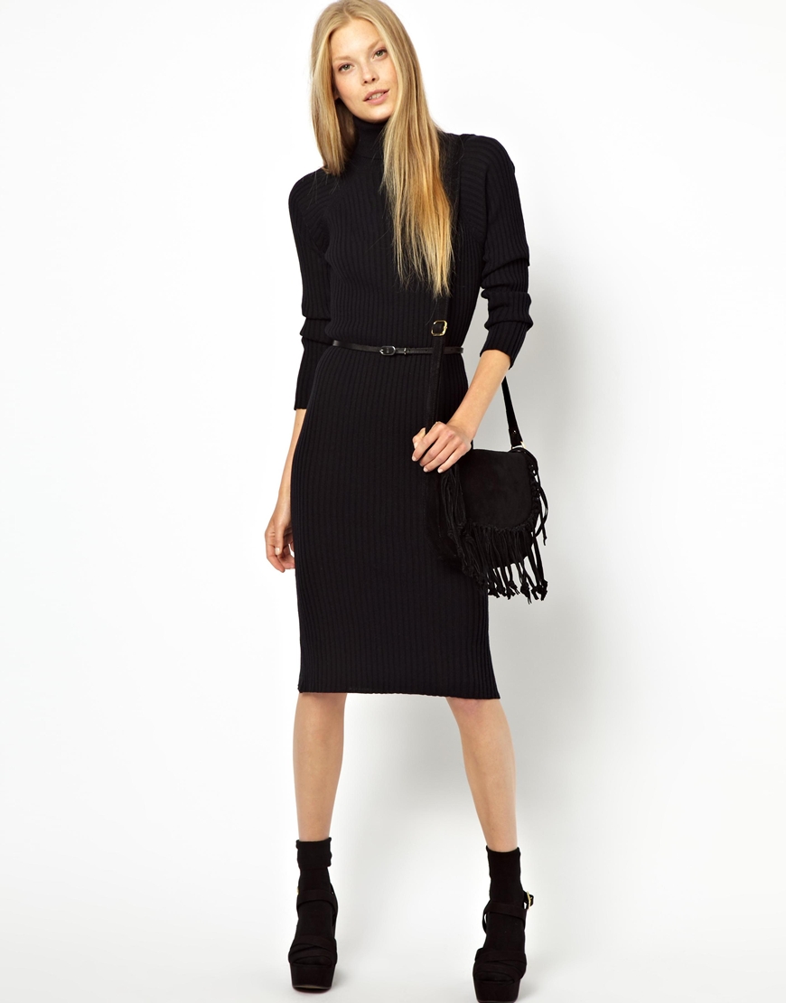 Ganni Manhattan Midi Polo Neck Dress in Black | Lyst