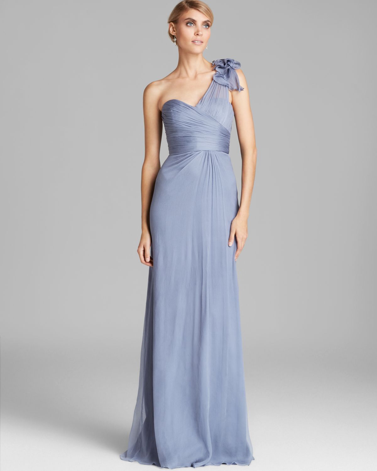 Lyst - Amsale One Shoulder Bow Detail Chiffon Gown in Blue