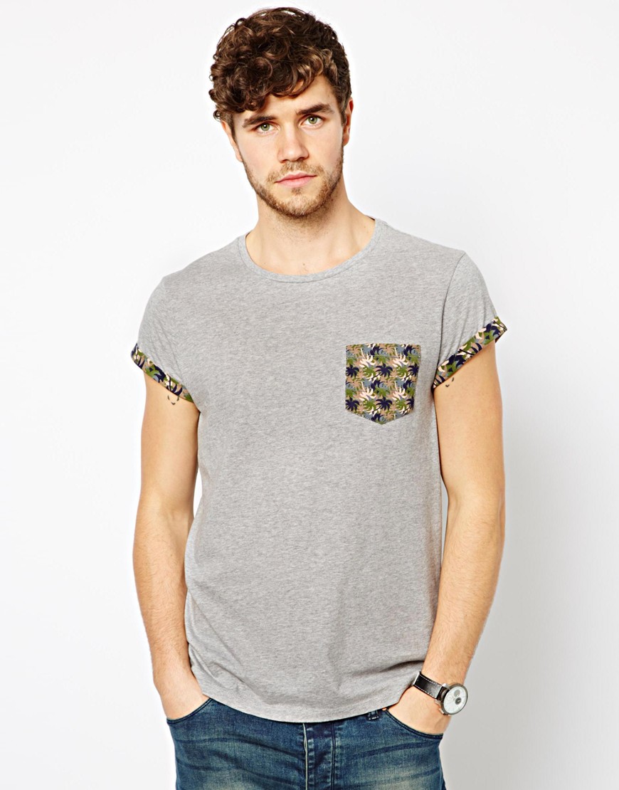 Lyst - Asos Tshirt with Contrast Printed Pocket and Rolled Sleeve in ...