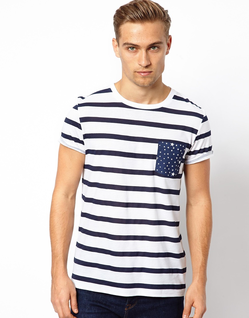 Lyst - Asos Stripe Tshirt with Star Print Pocket in Blue for Men