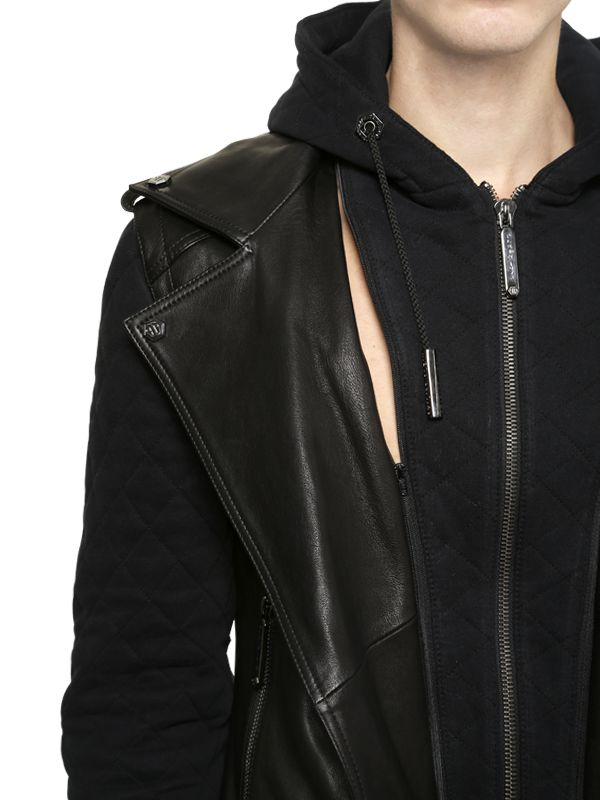 Philipp Plein Hooded Sweatshirt Biker Leather Jacket In Black Gallery