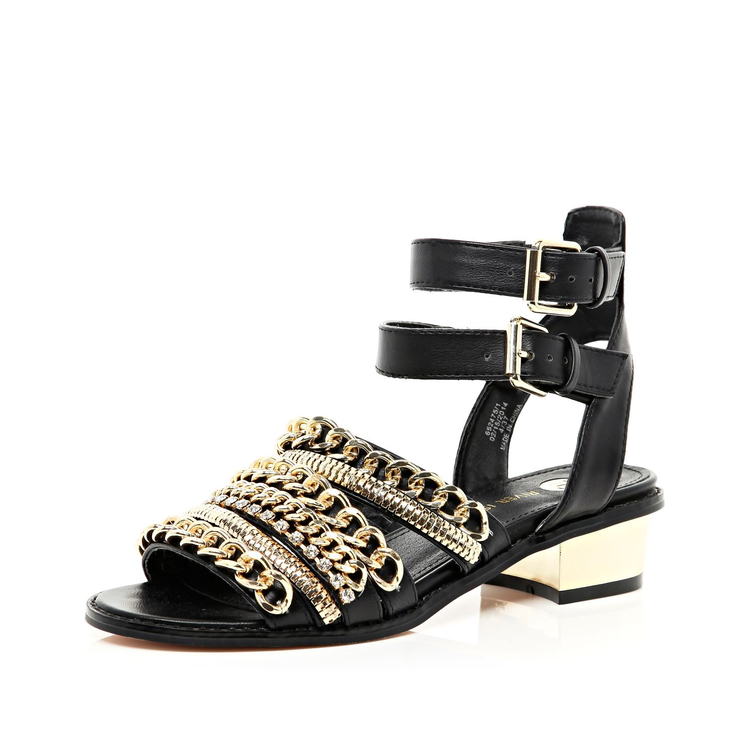 River island Black Chain Trim Block Heel Sandals in Gold (black) | Lyst