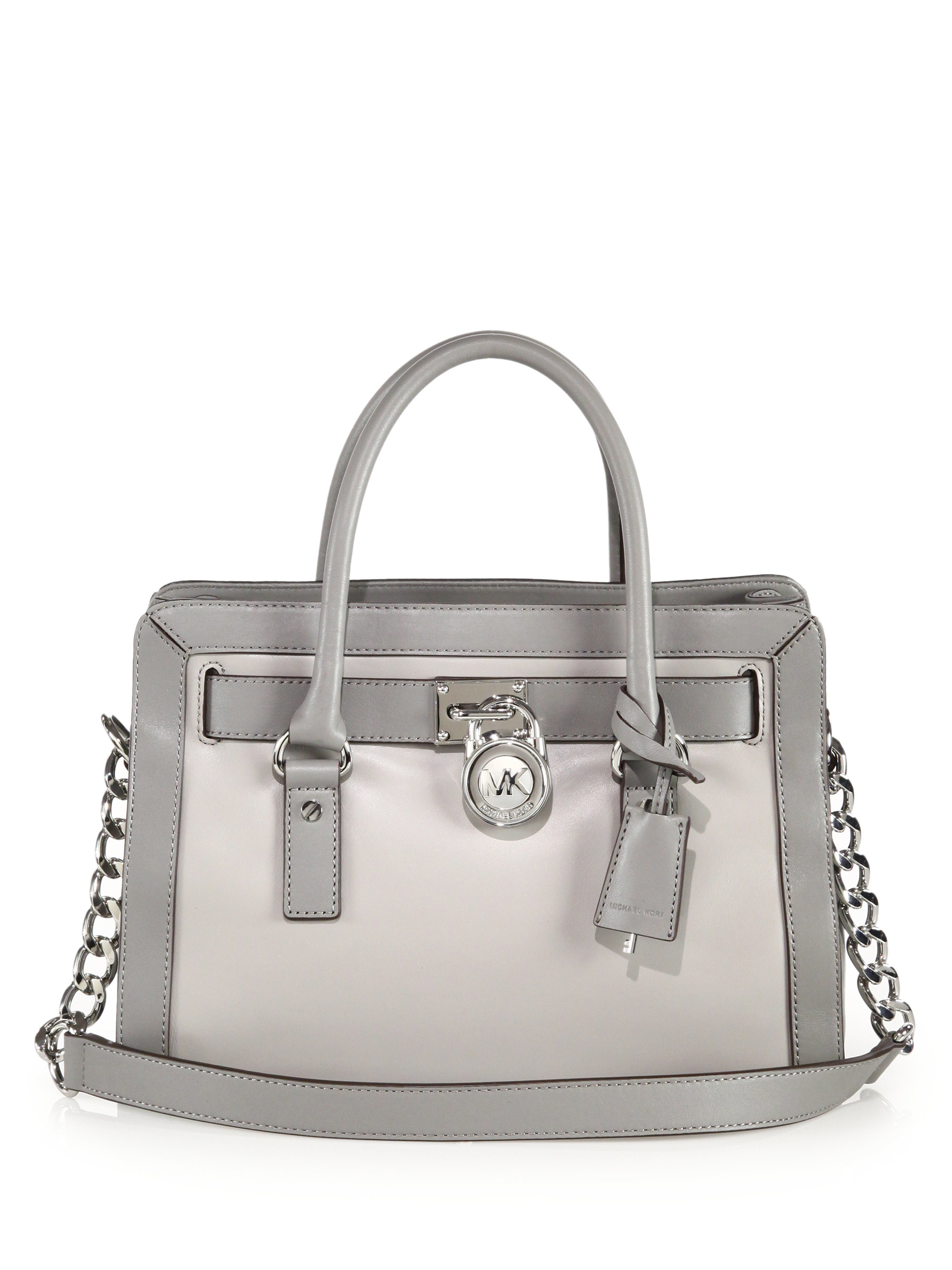 Lyst Michael Kors Hamilton Two Tone Leather Satchel In Gray Gallery