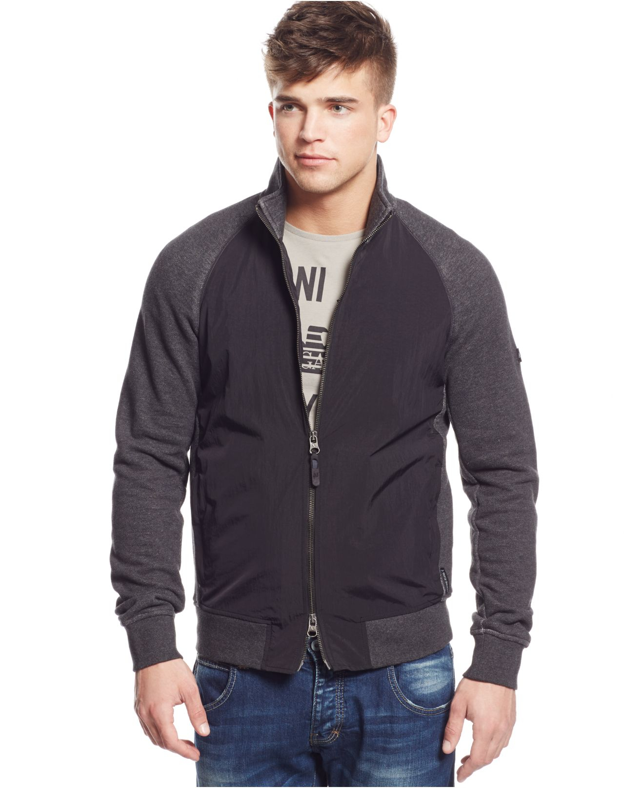 Lyst - Armani Jeans Mixed-media Zip Sweater in Gray for Men