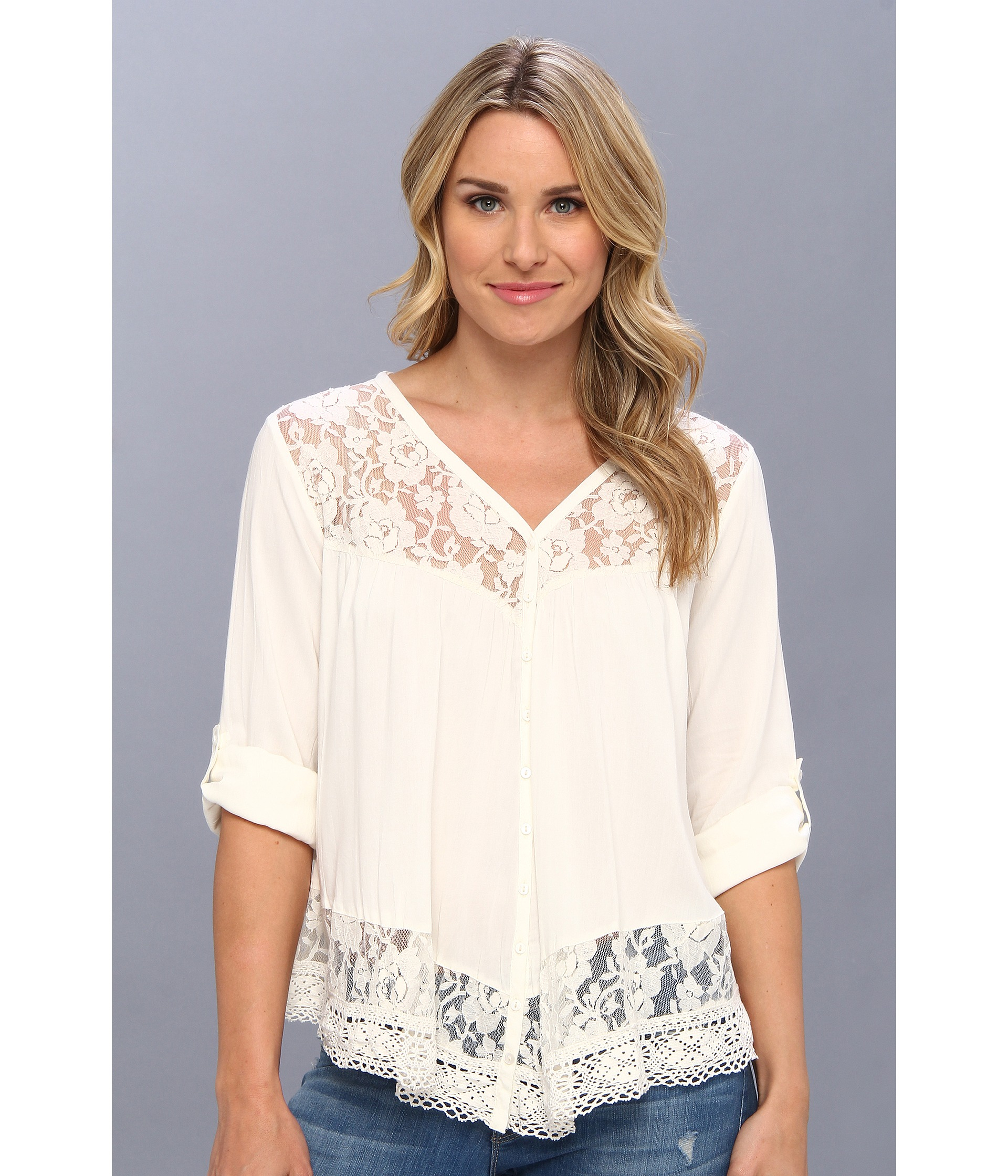 Lyst - Karen kane Rolled Sleeve Contrast Lace Blouse in Natural